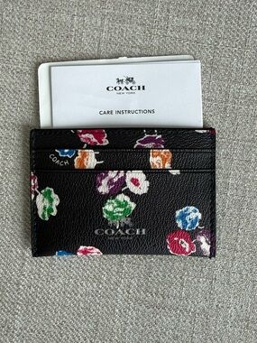 Coach Black Floral Leather Card Holder with Multicolor Blooms